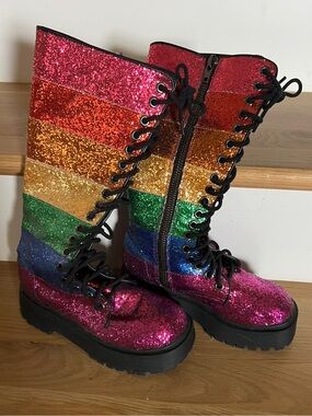 Dolls Kill Pride Rainbow Glitter Lace-Up Platform Boots size 6 SOLD OUT online